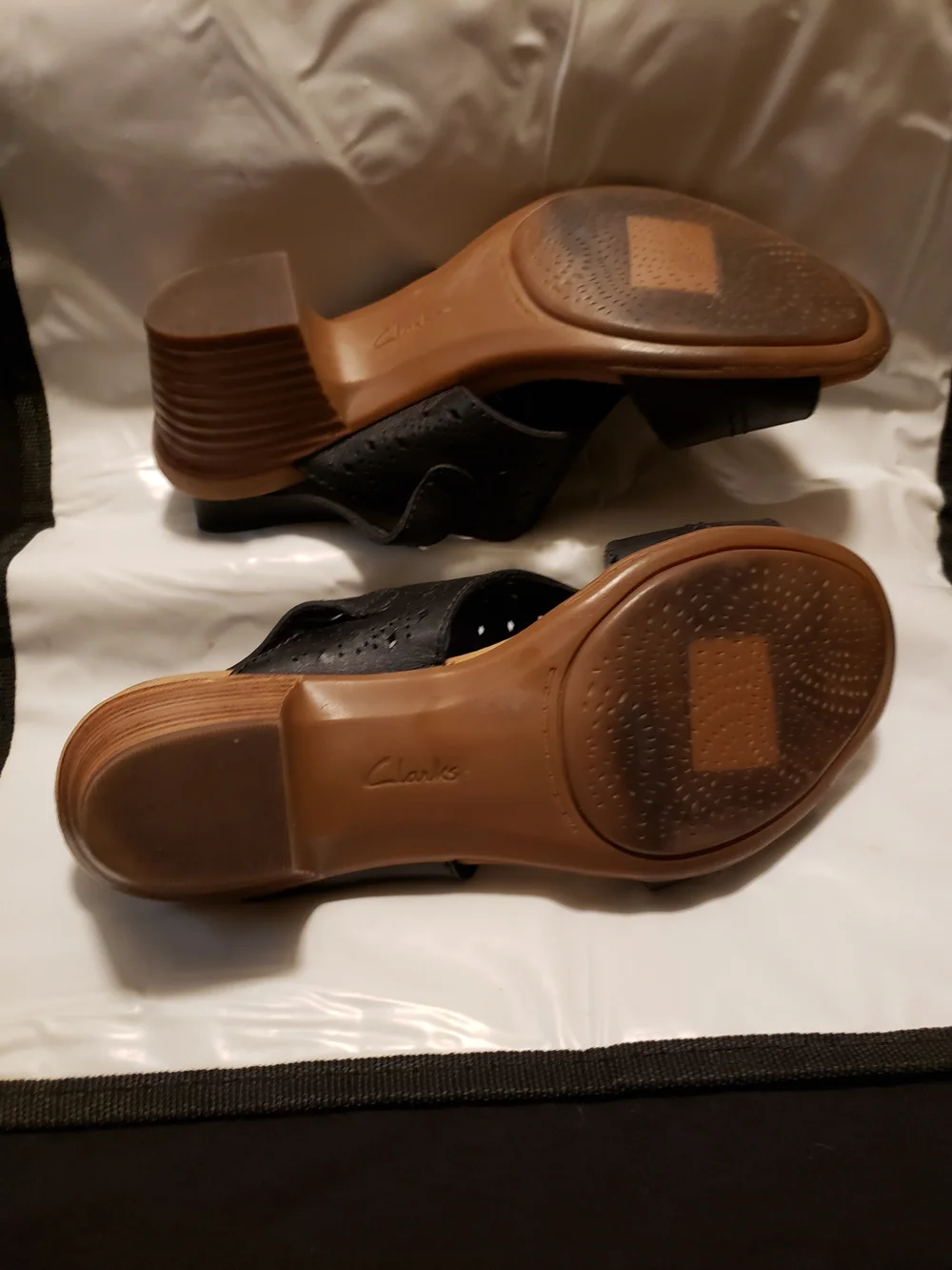 Clarks Black Perforated Leather Slingback Sandal with Low Block Heel
